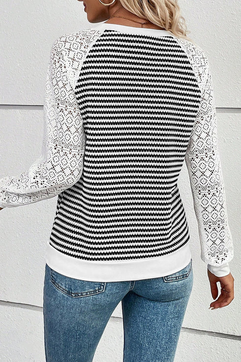 Striped Textured Knit Lace Raglan Patchwork Long Sleeve Top